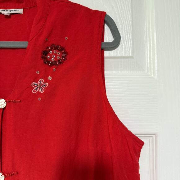 Jennifer Women Coral Red Sequin Embroidered Linen Blend Sleeveless Top Size 16 - Picture 5 of 16